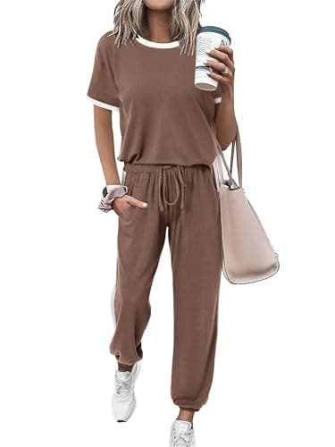 MASCOMODA Two Piece Sets for Women Summer 2025 Loungewear Jogger Set Spring Short Sleeve Tops Long Pants Casual Tracksuit Set(Khaki,Large) - Image 1