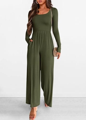 KIRUNDO Long Sleeve Jumpsuit for Women 2026 Spring Outfits Summer One Piece Square Neck Wide Leg Pants Romper With Pockets(Army Green, X-Small) - Thumbnail 4