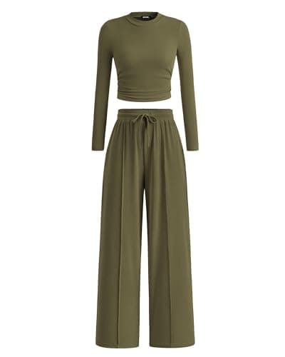 BTFBM Casual 2 Piece Sets For Women Fall Outfits 2026 Ribbed Spring Long Sleeve Crop Top Wide Leg Pants Matching Lounge Set(Army Green, Medium) - Image 1