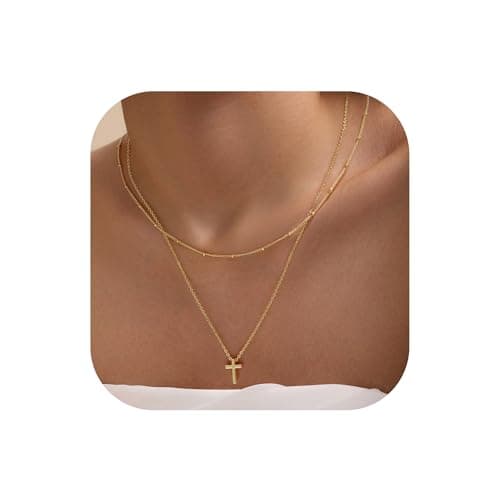 Turandoss 14K-Gold-Plated Layered Cross Necklace for Women - Dainty 14K-Gold-Plated Plated Layered Satellite Bead Chain Choker Necklace Cross Pendant Necklaces for Women Baptism Faith Jewelry Gifts - Image 1