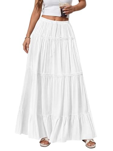 BTFBM Spring Skirts for Women 2026 Summer Boho Beach Vacation Clothes Casual Pleated High Waisted Flowy Maxi Skirt(White, XX-Large) - Thumbnail 4