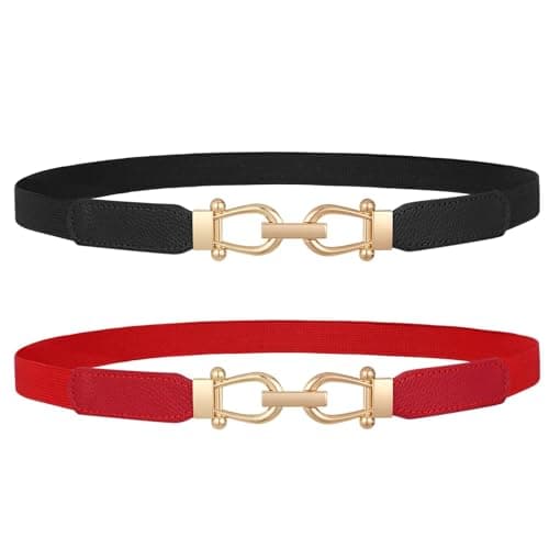 JASGOOD Women Skinny Elastic Belt for Dresses,Thin Retro Stretch Waist Belt with Golden Buckle 2 Pack,Black+Red - Image 1