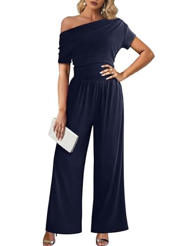 LOOKBOHO Jumpsuits for Women Dressy Short Sleeve Off Shoulder Jumpsuit High Waist Wide Leg Long Pant Rompers with Pockets - Image 1