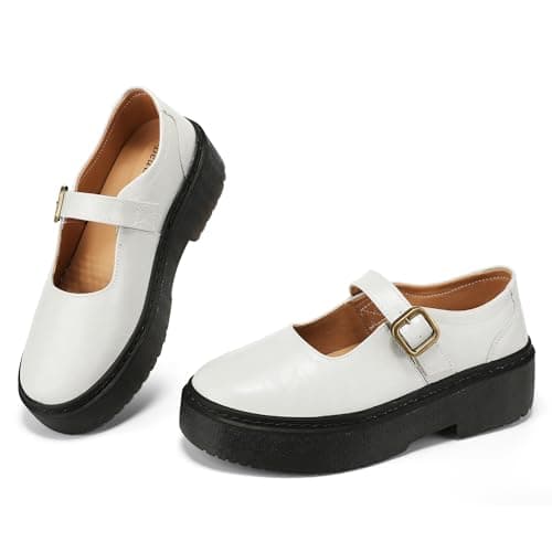 BEAUSEEN Women's Mary Jane Shoes with Platform Sole - Comfort Round Toe Strap Ballet Flats for Women - Chunky Heel Dress Flats White,8 US - Image 1
