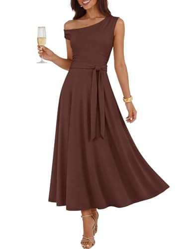 ZESICA Womens Summer One Shoulder Cocktail Maxi Dress 2026 Formal Sleeveless Flowy Wedding Guest Party Dresses with Belt,Brown,Large - Image 1