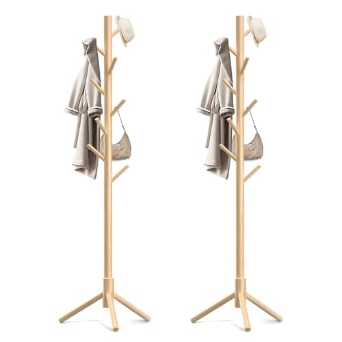 Aliphon Wooden Coat Rack Stand, Freestanding Coat Rack with 8 Hooks, 3 Adjustable Size Coat Tree for Hats, Coats, Scarves bags, Coat Hanger Stand Used in Bedroom/Office/Entryway,2 PCS (Natural)