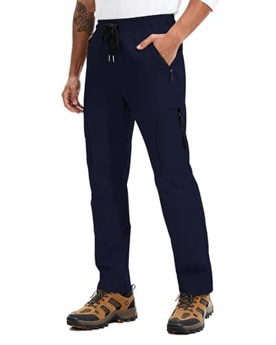 Mens Hiking Pants 5 Pockets Water Resistant Quick Dry Lightweight UPF 50+ Cargo Elastic Waist Drawstring Cuff Work Casual Golf Athletic Travel Jogging Navy Blue L - Thumbnail 2