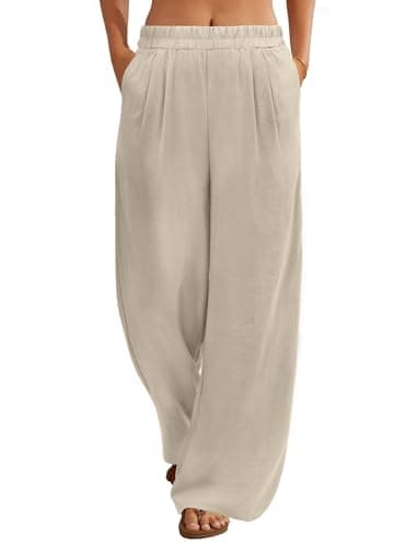 FireSwan Linen Pants Women Wide Leg Palazzo Pants Flowy Elastic Waist Summer Beach Casual Trousers with Pockets(Khaki XXL) - Image 1