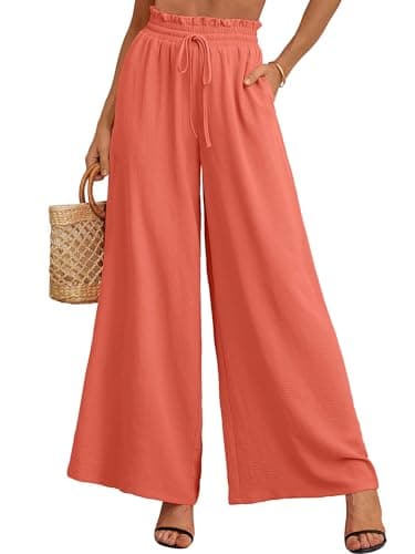 Heymoments Women's Wide Leg Dress Pants with Pockets Coral Medium Lightweight Elastic High Waisted Adjustable Tie Knot Flowy Loose Slacks Lounge Casual Ladies Beach Pleated Trousers - Image 1