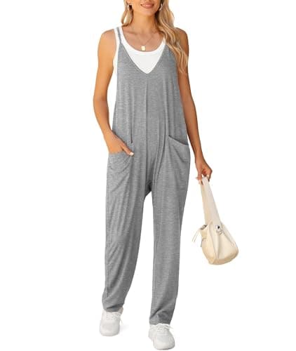 LILBETTER Women's Loose Sleeveless Jumpsuits Adjustable Spaghetti Strap Stretchy Long Pant Romper Jumpsuit with Pockets(01 Grey,XX-Large) - Image 1