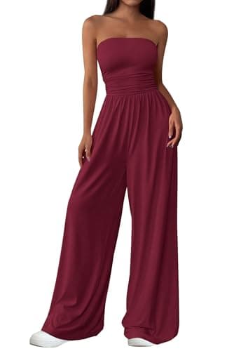 PRETTYGARDEN Womens Trendy Strapless Rompers 2026 Ruched Tube Top Wide Leg One Piece Jumpsuits Beach Vacation Summer Outfits (Wine Red,X-Large) - Image 1