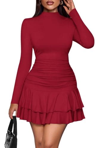PRETTYGARDEN Womens Spring Long Sleeve Dresses 2026 Mock Neck Ruched Y2K Clothes Ruffle Layered Bodycon Mini Party Dress(Red,X-Large) - Image 1