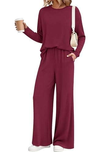 KIRUNDO Spring 2 Piece Lounge Sets for Women Long Sleeve Ribbed Knit Tops Wide Leg Pants Matching Travel Outfits Postpartum(Wine Red, Large) - Image 1