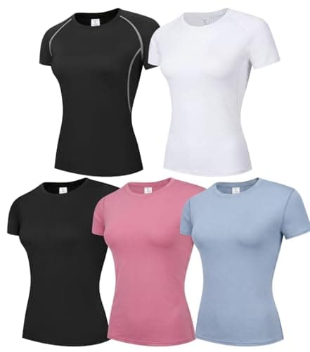 CYPER SUN 5 Pack Compression Shirts for Women, 2 Styles (Raglan & Set-in Sleeve) Short Sleeve, Moisture Wicking Workout Tops for Yoga, Running, Gym & Athletic Activewear XL - Image 1