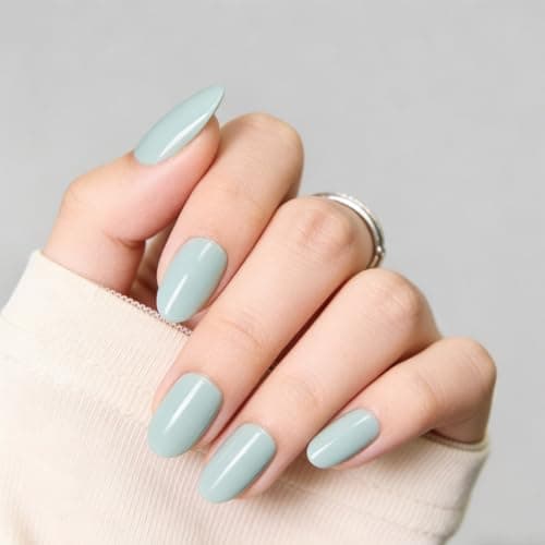 Medium Almond Press On Nails Light Blue Green, Soft Gel Reusable Fake Nails Kit with Nail Glue, 30 Pieces 15 Sizes Durable Stick On False Nails for Women Gift - Image 1