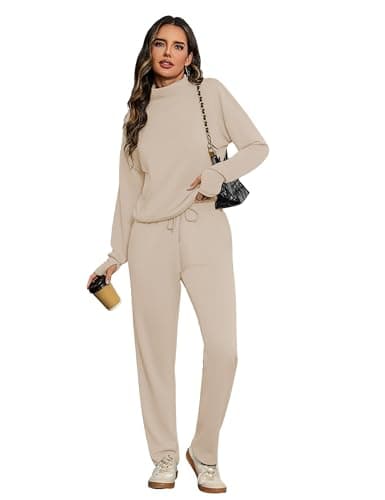 Totatuit Womens 2 Piece Lounge Set Long Sleeve Tops with Thumb Holes Track Suits Womens Two Piece Jogging Suits Apricot M - Thumbnail 3