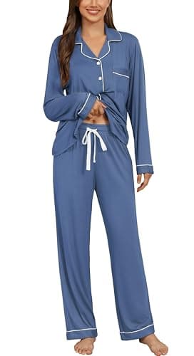 Samring Womens Pajama Set Long Sleeve Button Down Sleepwear 2 Piece Pyjamas Soft Cozy Nightwear Pjs Lounge Sets Blue XXL - Image 1