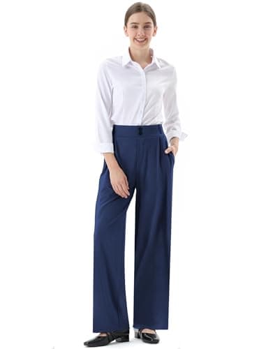 JOYCATCH Womens Wide Straight Leg Work Pants Casual Slacks Business Office Trousers Button Dress Pants Navy - Thumbnail 2