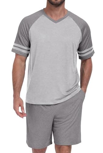 PrinStory Mens Pajamas Set Short Sleeve Lightweight and Soft Pajama Sets Summer Pjs Sets with Pockets Light Gray Dark Gray-S - Image 1