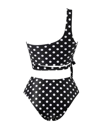 MOOSLOVER Women One Shoulder High Waisted Bikini Tie High Cut Two Piece Swimsuits(M,Black White Polka Dot) - Thumbnail 4