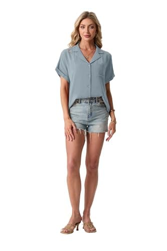 Mintreus Short Sleeve Button Down Shirts for Women Casual Camp Shirt for Women Dressy Casual (Haze Blue-2XL) - Thumbnail 3
