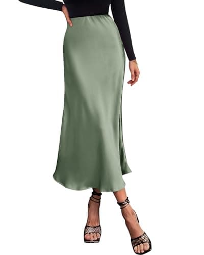BTFBM 2026 Womens Spring Summer Long Satin Skirt Silk Elegant High Waist Cocktail Party Wedding Flowy A-Line Midi Skirts(Light Green, Large) - Image 1
