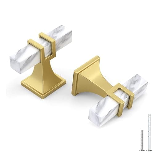 Haliwu 10 Pack White Marble Grain Cabinet Knobs, 2 Tone T-bar Gold Kitchen Handles, Solid Square Dresser and Drawer Pulls - Image 1
