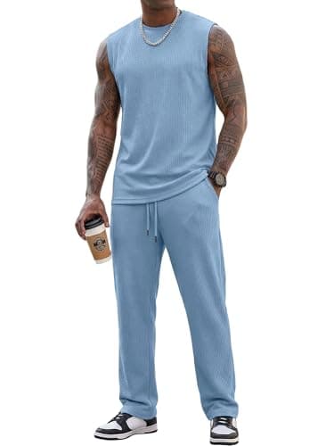 JMIERR Men Fashion 2 Piece Set Casual Muscle Tank Baggy Pants Stretch Textured Beach Street HipHop Sleeveless Shirts - Image 1