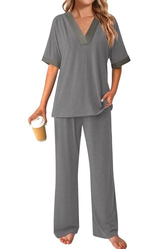 GKBK Womens Two Piece Outfits Pajama Sets 3/4 Dolman Sleeve V Neck Sleepwear Nightwear Loungewear Matching Pjs 2 Piece Lounge Set Lightweight Fall Fashion Ooutfit Dark Gray L - Thumbnail 6