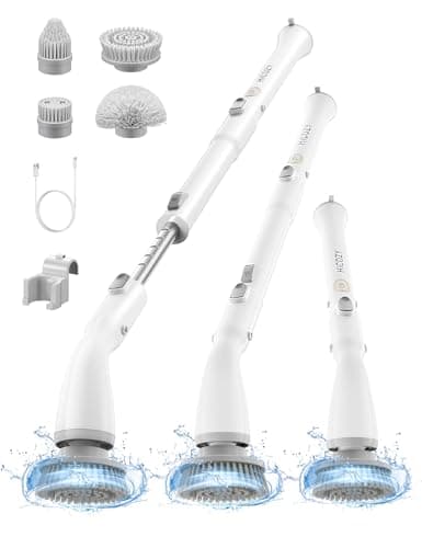 HiCOZY Electric Spin Scrubber HS1, Cordless Shower Scrubber for Cleaning with 4 Replaceable Brush Heads Adjustable Extension Handle, IPX7 Waterproof Cleaning Brush for Bathroom Floor White - Image 1