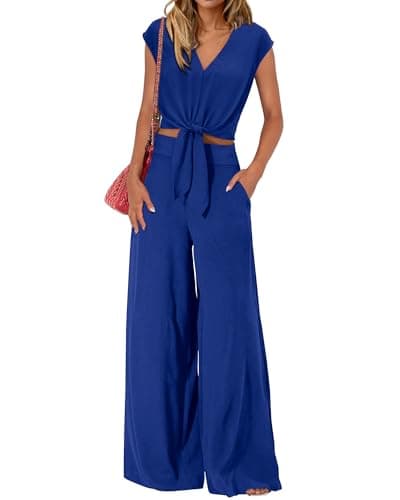 PRETTYGARDEN Women's Summer 2 Piece Outfits 2026 Cap Sleeve V Neck Belted Crop Tops Wide Leg Pant Sets Casual Tracksuit(Solid Royal Blue,Medium) - Image 1