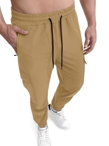 Crastimo Hiking Pants Men Sweatpants Elastic Waist Drawstring Cuffs Zipper Pockets Lightweight Stretch Tapered Slacks Casual Cargo Joggers Khaki M - Image 1