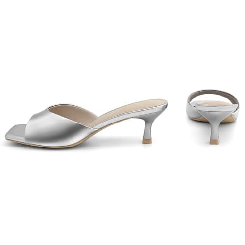 Athlefit Silver Kitten Heels for Women Square Open Toe Heeled Sandals Slip On Dressy Short Low Heels for Prom Size 9 - Thumbnail 5