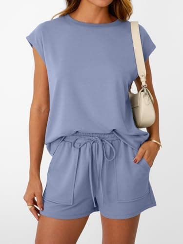 LILLUSORY Womens Lounge Two 2 piece Sets Summer Outfits 2026 Loungewear Matching Vacation Beach Travel Sweatsuits Sweat Tracksuits Pajamas Pjs Clothes Shorts Clothing Fashion Trendy Black Blue M - Thumbnail 2