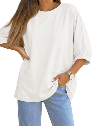 Tankaneo Womens Oversized Half Sleeve T Shirts Summer Casual Crew Neck Baggy Tunic Tops Loose Fit Tees White - Image 1
