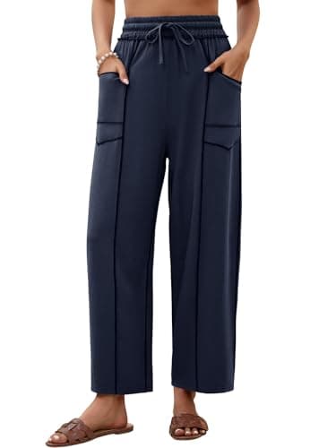 grewley Womens Linen Barrel Pants Baggy Wide Leg Pants Summer Palazzo Drawstring Waist Pants with Pockets Casual Navy Blue S - Image 1