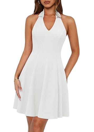 Lazysmile Summer Dresses for Women Sleeveless Halter Lapel V Neck Backless A Line Formal Cocktail Party Short Dress White - Image 1