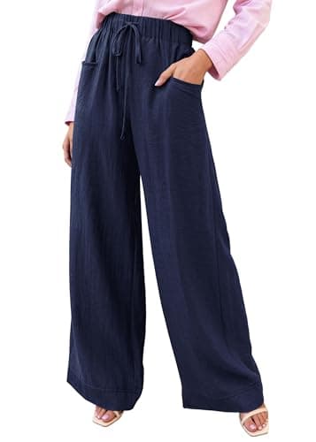 KIRUNDO Wide Leg Palazzo Pants for Women Summer High Waist Flowy Casual Trousers Lounge Pants Beach Vacation Travel Outfits (Navy Blue, XX-Large) - Image 1