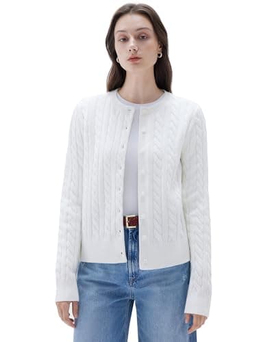 SUUKSESS Women Cable Knit Cashmere Blend Sweaters Crew Neck Button Up Chunky Cardigan Long Sleeve Cropped Fall Fashion Outfits Jackets (White, L) - Image 1