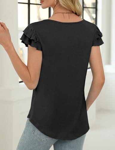 NORACORA Womens Ruffle Short Sleeve Summer Tops Crewneck T Shirts Loose Fit Blouses Dressy Business Casual Spring Outfits 2025 Black - Thumbnail 4