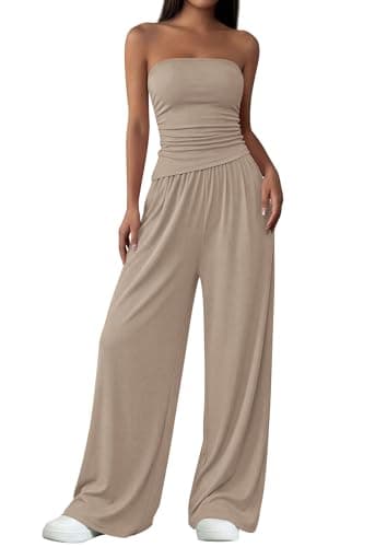 PRETTYGARDEN Summer Sets Women 2 Piece Outfits Asymmetrical Tube Tops and Pants Beach Vacation Airport Matching Lounge Set(Khaki,Medium) - Image 1