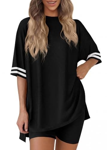 KIRUNDO Women's 2 Piece Lounge Set Airport Travel Outfit 2026 Summer Oversized Shirts Matching Biker Shorts Fashion Clothing(Black, X-Large) - Image 1