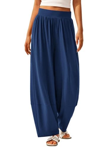 MASCOMODA Women Casual Wide Leg Palazzo Lounge Pants Comfy Soft Loose Flowy Yoga Pants Smocked High Waisted Barrel Sweatpants(Blue,Small) - Image 1
