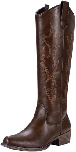 Jeossy Women's Whisky Red Brown Cowboy Boots Embroided Western Cowgirl Boots Round Toe Knee High Pull on Wide Calf Shoes with Inside Zipper Size 9 (DJY9809 whisky 09) - Image 1