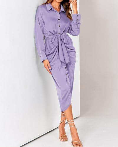 BTFBM Summer Dresses for Women 2026 Long Sleeve V Neck Button Down Elegant Belted Ruched Satin Silk Shirt Spring Dress(Purple, Medium) - Thumbnail 5