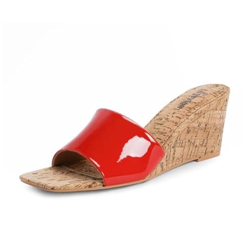 Easyfox Womens Wedge Sandals Red Heeled Sandals for Women Open Toe Slip on Wedge Heels Square Toe Womens Mules Summer Heeled Dress Sandal Size 7.5 - Image 1