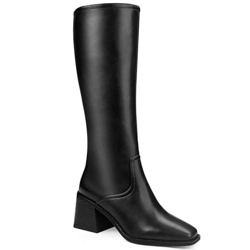 Quorvash Knee High Boots Women - Long Elastic Faux Leather Boots Tall Square Toe Chunky Block High Heel Shoes with Side Zipper Black 10 - Image 1
