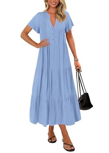 KIRUNDO Summer Maxi Dresses for Women 2026 Spring Fashion Short Sleeve Button V Neck Pleated Loose Tiered Swing Flowy Dress(Light Blue, XX-Large) - Image 1