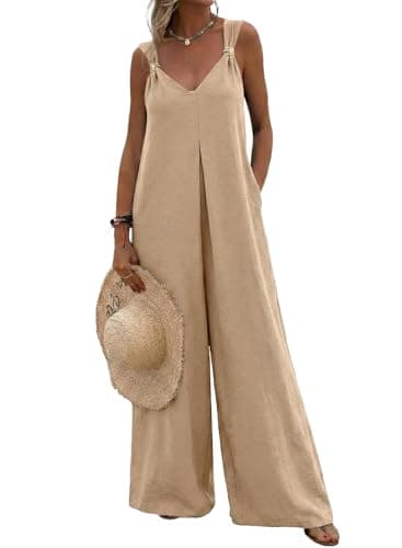 Acelitt Women Casual 2026 One Piece Jumpsuits Dressy Fashion Fall V Neck Sleeveless Loose Wide Leg Long Pant Rompers Outfits Beige Medium - Image 1