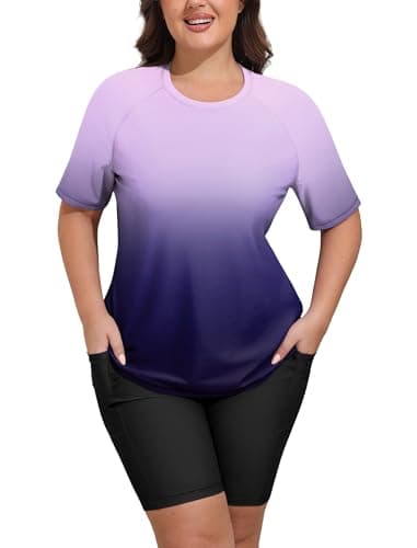 Plus Size Bathing Suit for Women Rash Guard Full Coverage Swimsuits Shirt with Swim Shorts Purple 22W - Image 1